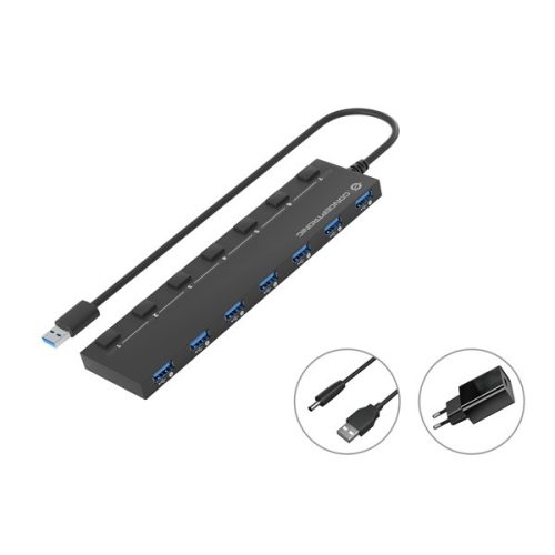 Conceptronic USB Hub - HUBBIES19BP (7 Port, USB-A to 7xUSB 2.0, külső táp, fekete)