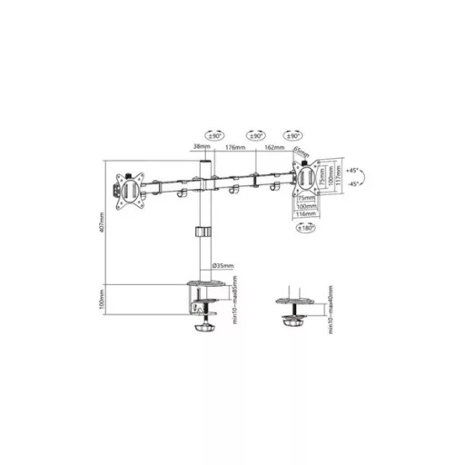Equip Monitor Asztali konzol - 650157 (13"-32", 2 monitor, dönthető, forgatható, állítható magasság, Max.:2x9kg, fekete)