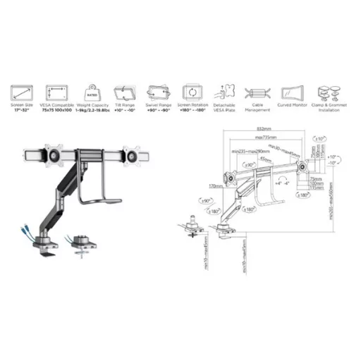 Equip Monitor Asztali konzol - 650161 (17"-32", 2 monitor, dönthető, forgatható, Max.: 2x9kg, fekete/ezüst)