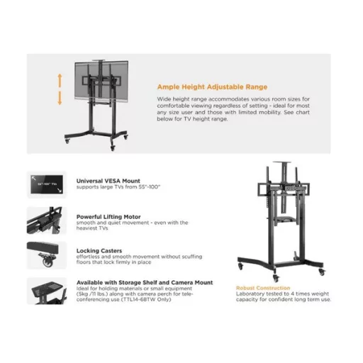 Equip TV állvány - 650633 (55"-100" álló, dönthető, állítható magasság, gurulós, motoros, Max.:120kg, fekete)