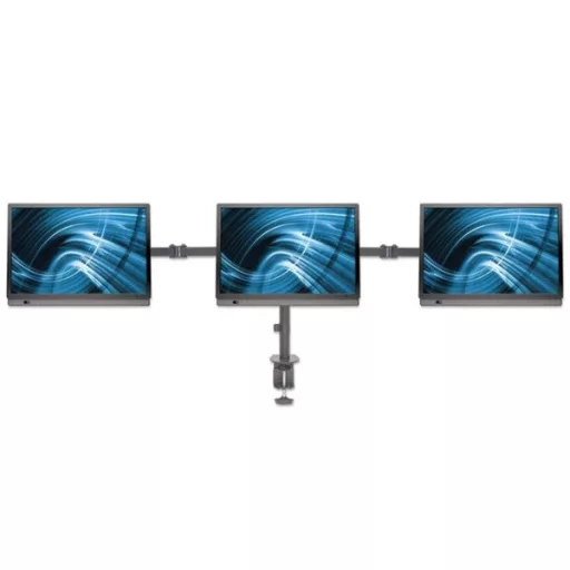 Manhattan asztali állvány -  Dupla karos, 3db monitor részére (max.VESA:75x75, 13"-27"-ig, 7kg, fekete)
