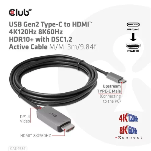 Club 3D Kábel - CAC-1587 (USB-C Gen 2 to HDMI, 4K120HZ 8K60HZ, HDR10+, DSC1.2, 3m, aktív)