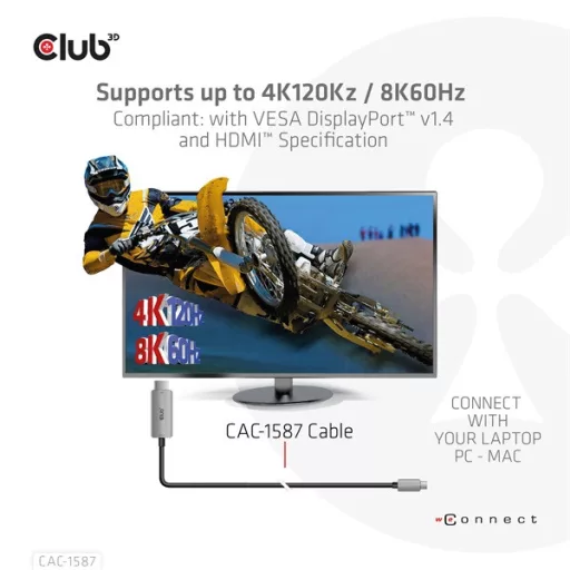 Club 3D Kábel - CAC-1587 (USB-C Gen 2 to HDMI, 4K120HZ 8K60HZ, HDR10+, DSC1.2, 3m, aktív)