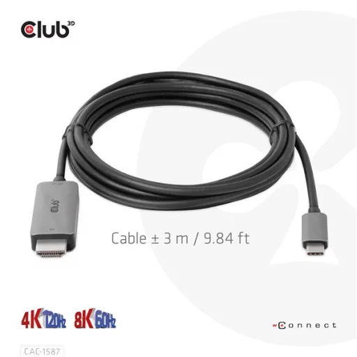 Club 3D Kábel - CAC-1587 (USB-C Gen 2 to HDMI, 4K120HZ 8K60HZ, HDR10+, DSC1.2, 3m, aktív)