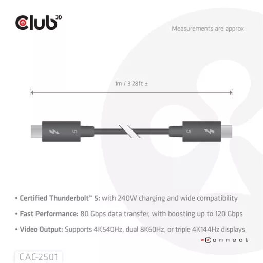 Club 3D Kábel - CAC-2501 (Thunderbolt 5 USB-C to USB-C, 240W, 80/120 Gbps, EPR, 8K240Hz, 1m)