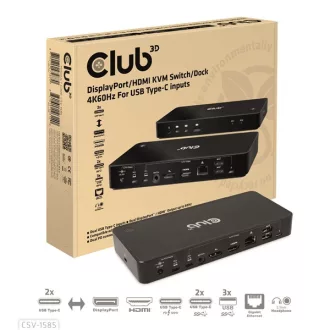   Club 3D KVM Switch - CSV-1585 (2xUSB-C to HDMI, DP, USB-C 100W PD3.0, 2xUSB-C, 3xUSB-A, 3,5 Jack, RJ45, 4k60Hz)