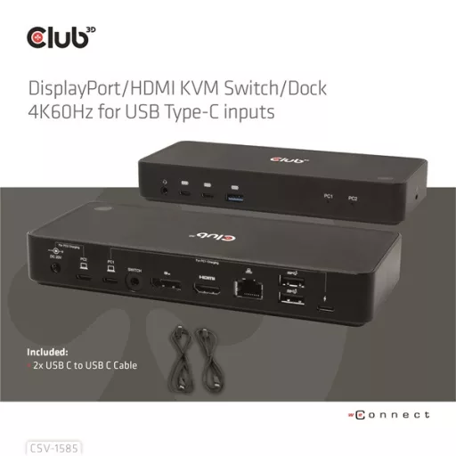 Club 3D KVM Switch - CSV-1585 (2xUSB-C to HDMI, DP, USB-C 100W PD3.0, 2xUSB-C, 3xUSB-A, 3,5 Jack, RJ45, 4k60Hz)
