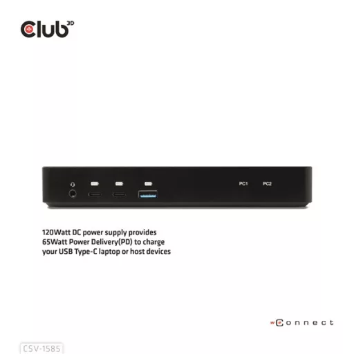 Club 3D KVM Switch - CSV-1585 (2xUSB-C to HDMI, DP, USB-C 100W PD3.0, 2xUSB-C, 3xUSB-A, 3,5 Jack, RJ45, 4k60Hz)