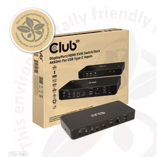 Club 3D KVM Switch - CSV-1585 (2xUSB-C to HDMI, DP, USB-C 100W PD3.0, 2xUSB-C, 3xUSB-A, 3,5 Jack, RJ45, 4k60Hz)