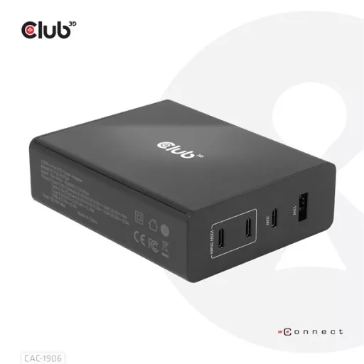 Club 3D Hálózati Töltő - CAC-1906 (132W GaN, 2x USB-A, 2x USB-C, PD3.0, 4 csatlakozó)
