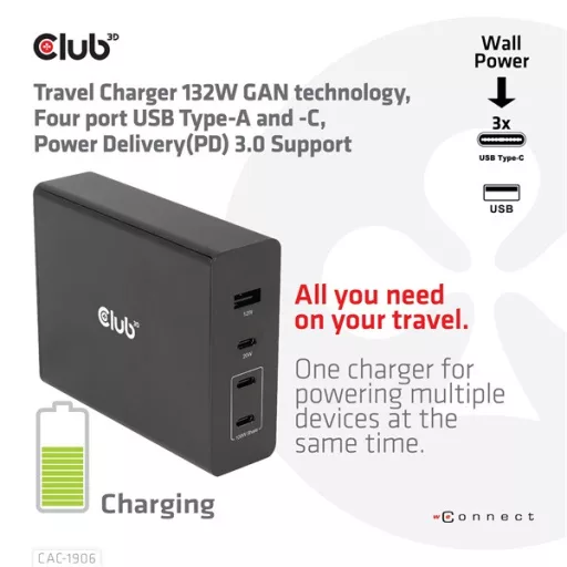 Club 3D Hálózati Töltő - CAC-1906 (132W GaN, 2x USB-A, 2x USB-C, PD3.0, 4 csatlakozó)