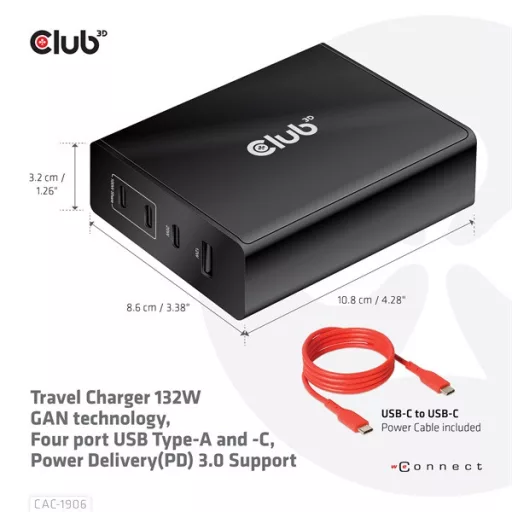 Club 3D Hálózati Töltő - CAC-1906 (132W GaN, 2x USB-A, 2x USB-C, PD3.0, 4 csatlakozó)