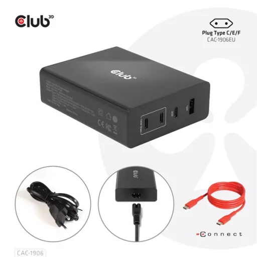 Club 3D Hálózati Töltő - CAC-1906 (132W GaN, 2x USB-A, 2x USB-C, PD3.0, 4 csatlakozó)