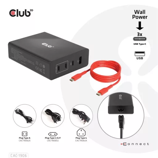 Club 3D Hálózati Töltő - CAC-1906 (132W GaN, 2x USB-A, 2x USB-C, PD3.0, 4 csatlakozó)