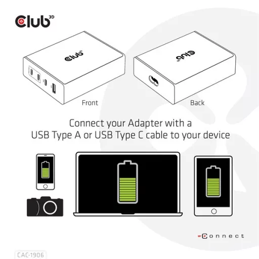 Club 3D Hálózati Töltő - CAC-1906 (132W GaN, 2x USB-A, 2x USB-C, PD3.0, 4 csatlakozó)