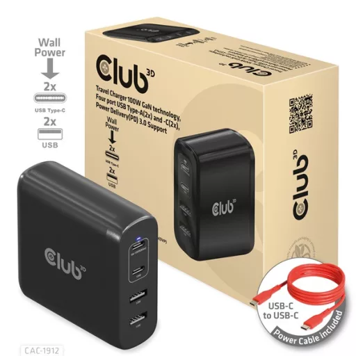 Club 3D Hálózati Töltő - CAC-1912EU (100W GaN, 2x USB-A, 2x USB-C, PD3.0, 4 csatlakozó)