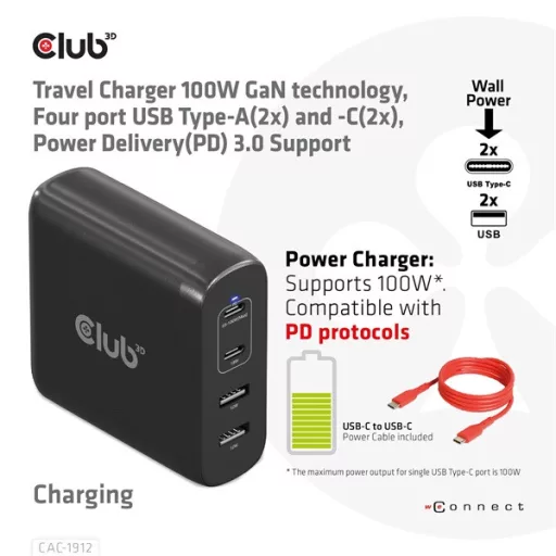 Club 3D Hálózati Töltő - CAC-1912EU (100W GaN, 2x USB-A, 2x USB-C, PD3.0, 4 csatlakozó)