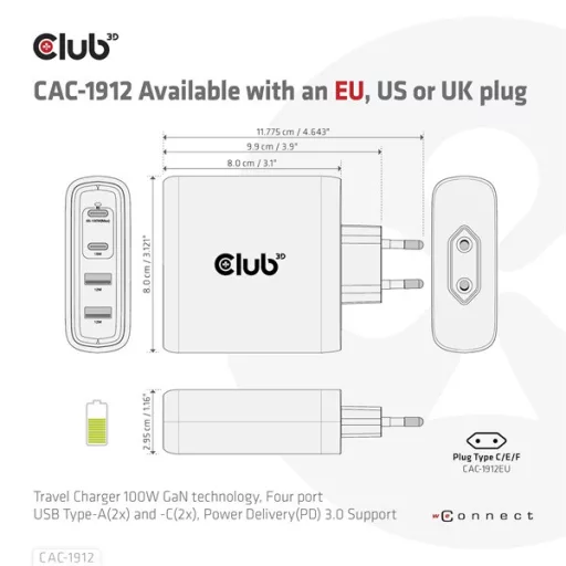 Club 3D Hálózati Töltő - CAC-1912EU (100W GaN, 2x USB-A, 2x USB-C, PD3.0, 4 csatlakozó)