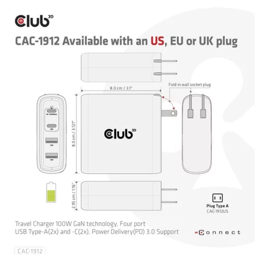 Club 3D Hálózati Töltő - CAC-1912EU (100W GaN, 2x USB-A, 2x USB-C, PD3.0, 4 csatlakozó)