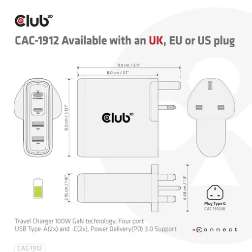 Club 3D Hálózati Töltő - CAC-1912EU (100W GaN, 2x USB-A, 2x USB-C, PD3.0, 4 csatlakozó)