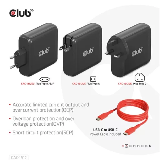Club 3D Hálózati Töltő - CAC-1912EU (100W GaN, 2x USB-A, 2x USB-C, PD3.0, 4 csatlakozó)