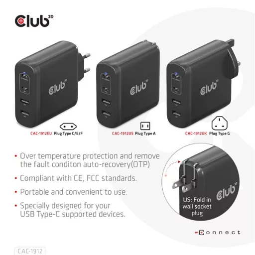 Club 3D Hálózati Töltő - CAC-1912EU (100W GaN, 2x USB-A, 2x USB-C, PD3.0, 4 csatlakozó)