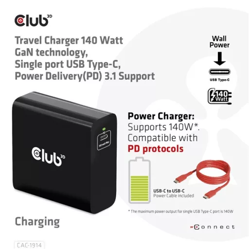 Club 3D Hálózati Töltő - CAC-1914EU (140W, GaN USB-C, PD 3.1)