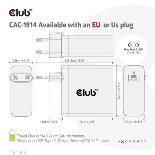 Club 3D Hálózati Töltő - CAC-1914EU (140W, GaN USB-C, PD 3.1)