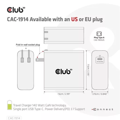 Club 3D Hálózati Töltő - CAC-1914EU (140W, GaN USB-C, PD 3.1)