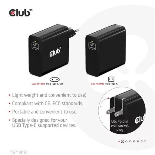 Club 3D Hálózati Töltő - CAC-1914EU (140W, GaN USB-C, PD 3.1)