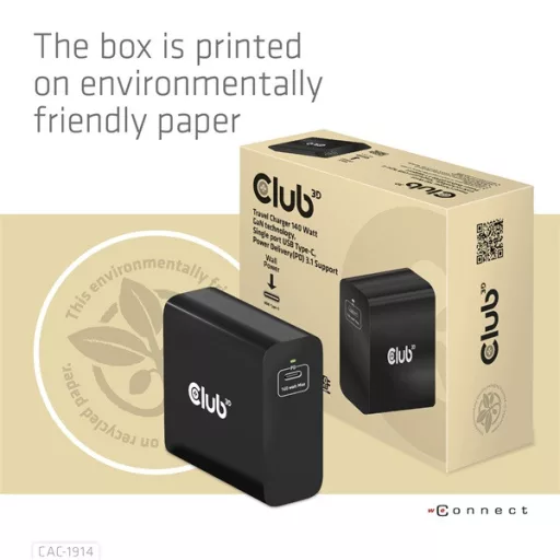 Club 3D Hálózati Töltő - CAC-1914EU (140W, GaN USB-C, PD 3.1)