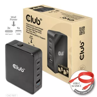   Club 3D Hálózati Töltő - CAC-1917 (140W GaN, 3x USB-C, 1x USB-A, PD3.1, 4 csatlakozó)