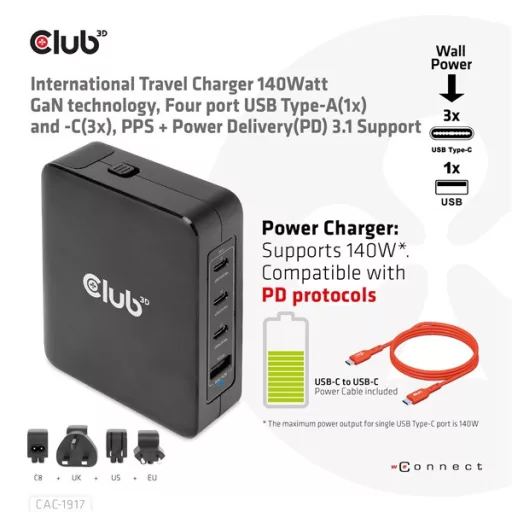 Club 3D Hálózati Töltő - CAC-1917 (140W GaN, 3x USB-C, 1x USB-A, PD3.1, 4 csatlakozó)