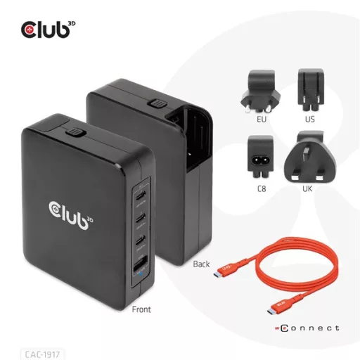 Club 3D Hálózati Töltő - CAC-1917 (140W GaN, 3x USB-C, 1x USB-A, PD3.1, 4 csatlakozó)