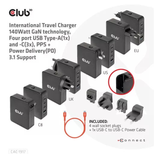 Club 3D Hálózati Töltő - CAC-1917 (140W GaN, 3x USB-C, 1x USB-A, PD3.1, 4 csatlakozó)