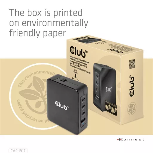 Club 3D Hálózati Töltő - CAC-1917 (140W GaN, 3x USB-C, 1x USB-A, PD3.1, 4 csatlakozó)