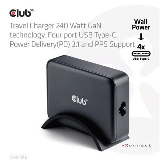 Club 3D Hálózati Töltő - CAC-1918 (240W GaN, 4x USB-C, PD3.1, 4 csatlakozó)