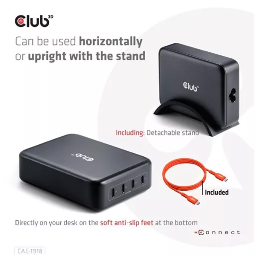 Club 3D Hálózati Töltő - CAC-1918 (240W GaN, 4x USB-C, PD3.1, 4 csatlakozó)