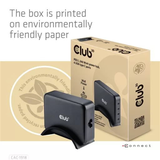 Club 3D Hálózati Töltő - CAC-1918 (240W GaN, 4x USB-C, PD3.1, 4 csatlakozó)