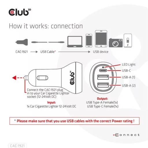 Club 3D Autós Töltő - CAC-1921 (36W, 2x USB-A, 1x USB-C, 12-24V, QC3.0)
