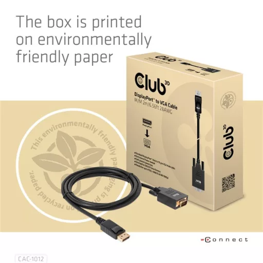 Club 3D Kábel - CAC-1012 (DisplayPort to VGA, 2m, 28AWG, Full HD 1080p, Aranyozott csatlakozók)