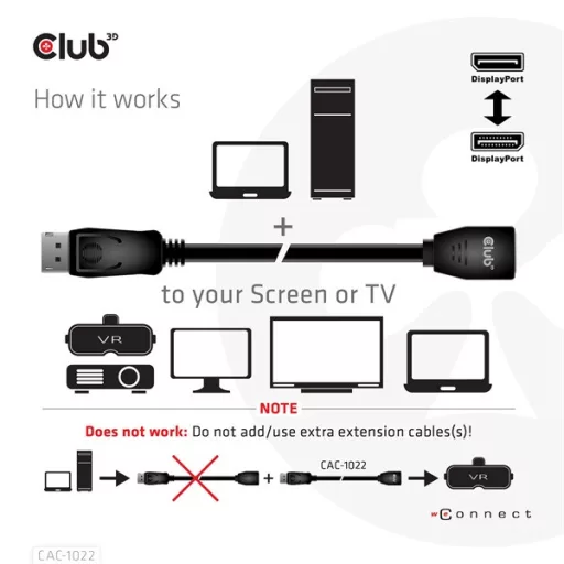 Club 3D Kábel - CAC-1022 (DisplayPort 1.4 HBR3, 8K60Hz, 4K144Hz, 2m, M/F, 32.4Gbps)