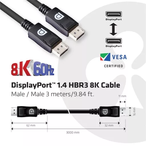 Club 3D Kábel - CAC-1060 (DisplayPort 1.4, 8K, 32.4Gbps, HBR3 8K, 28AWG, M/M, 3m)