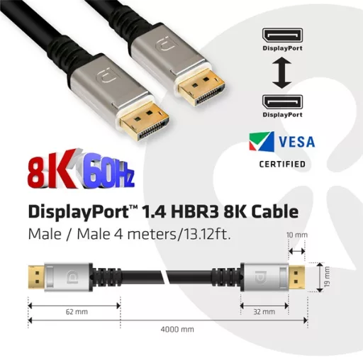 Club 3D Kábel - CAC-1069 (DisplayPort 1.4 HBR3 8K @60Hz, 32.4Gbps, 4m, 24AWG, DSC 1.2, VESA, M/M)