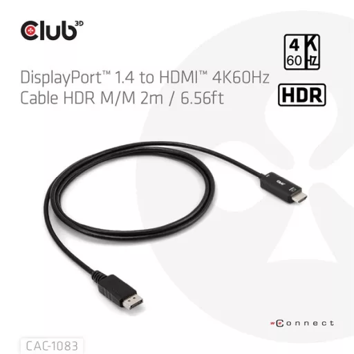 Club 3D Kábel - CAC-1083 (DisplayPort 1.4 to HDMI 2.0, aktív adapter, 4K60Hz, HDR, 2m)