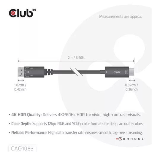 Club 3D Kábel - CAC-1083 (DisplayPort 1.4 to HDMI 2.0, aktív adapter, 4K60Hz, HDR, 2m)