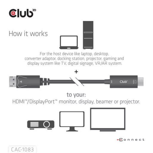 Club 3D Kábel - CAC-1083 (DisplayPort 1.4 to HDMI 2.0, aktív adapter, 4K60Hz, HDR, 2m)