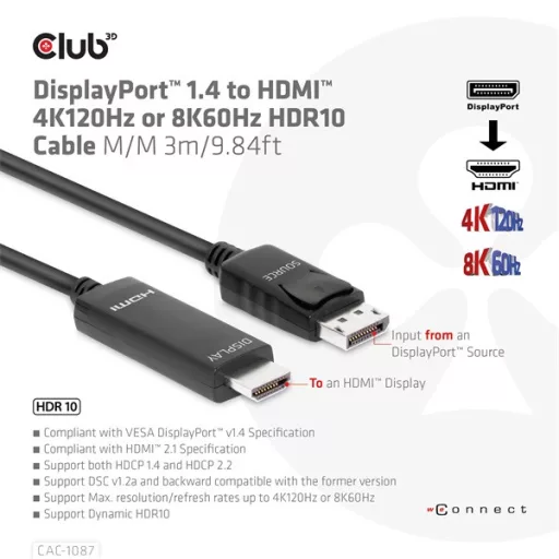 Club 3D Kábel - CAC-1087 (DisplayPort 1.4 to HDMI 8K60Hz HDR10, 3m, M/M)