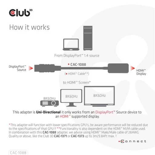 Club 3D Átalakító - CAC-1088 (DisplayPort 1.4 to HDMI 4K120Hz/8K60Hz HDR Aktív, M/F)
