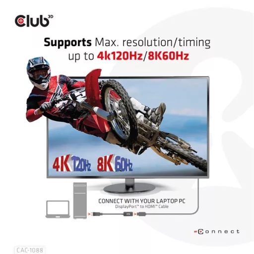 Club 3D Átalakító - CAC-1088 (DisplayPort 1.4 to HDMI 4K120Hz/8K60Hz HDR Aktív, M/F)